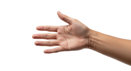 Isolated outstretched human hand with fingers spread and palm facing forward, no background