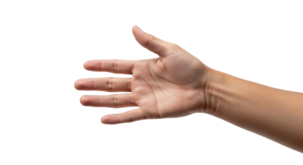 Isolated outstretched human hand with fingers spread and palm facing forward, no background