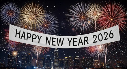 Celebrate happy new year 2026 with a spectacular fireworks display over cityscape