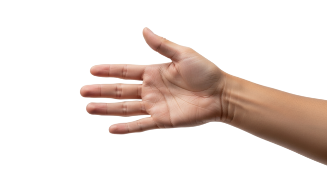 Isolated outstretched human hand with fingers spread and palm facing forward, no background