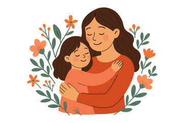 Happy Mother's Day greeting card. Flat vector illustration of a mother holding her daughter. Mom and child hugging. Family love concept. Woman and girl embrace with flowers.