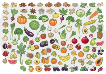 Collection of hand-drawn green illustrations of superfoods, vegetables, and fruits (cashews, carrots, apples), individually labeled on transparent. Concept of healthy eating and nutrition guide