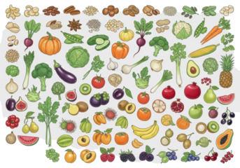 Collection of hand-drawn green illustrations of superfoods, vegetables, and fruits (cashews, carrots, apples), individually labeled on transparent. Concept of healthy eating and nutrition guide