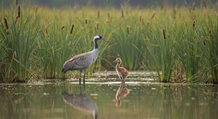 Naklejka premium Elegant crane standing in wetland, symbol of grace and longevity, perfect for wildlife, nature, and bird photography themes.