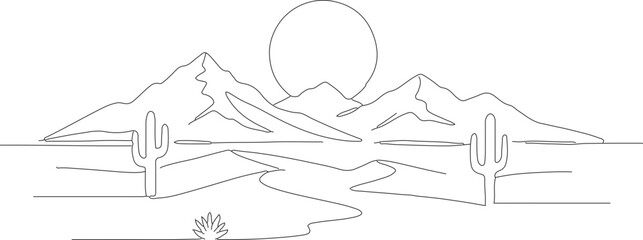 Simple Line Drawing Desert Landscape with Mountains and Cactus Illustration