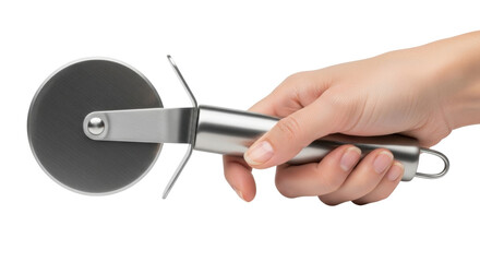 Isolated hand gripping a stainless steel pizza cutter, preparing to cut pizza at home meal