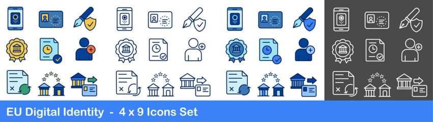 Set of 9 vector icons about EU digital identity and trust services: wallet, ID card, qualified signature, e-seal, timestamp, attributes, cross-border login, credential issuance, revocation