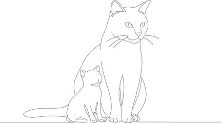 Simple Outline Illustration Mother and Kitten Line Art Style Drawing
