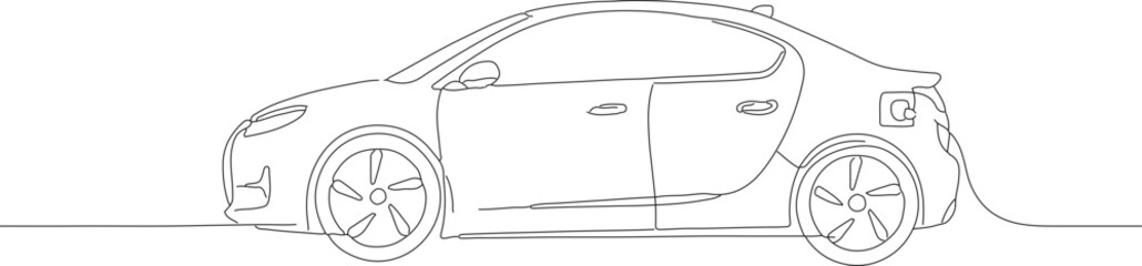 Continuous Line Drawing Electric Automobile with Charging Cable Illustration