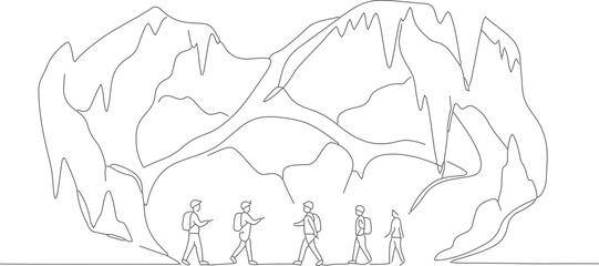 Line Art People Exploration Inside an Enormous Cave Illustration Scene