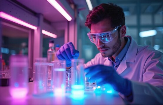 Bearded lab worker in white coat mixes liquid samples in test tubes. Scientist does chemical research in modern lab. Man wears gloves, safety glasses during test. Lab equipped with blue, pink light.