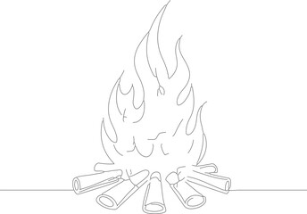 Minimalist Outline Continuous Line Drawing Campfire Flame Burning Wood Illustration