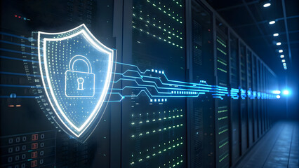 Futuristic digital security shield protecting data network server rack cybersecurity concept