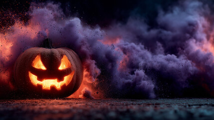 A jack o lantern wtih purple smoke effect is background , halloween wallpaper.