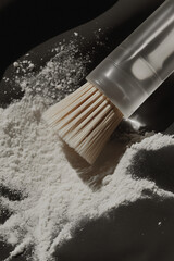 Soft makeup brush with white bristles and a clear handle next to white rice face powder. Minimal beauty and skincare composition.