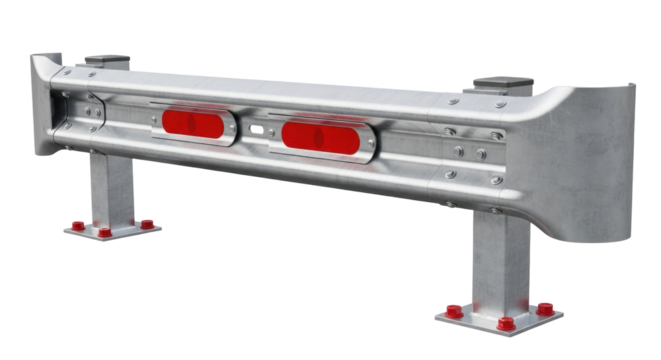 Isolated highway guardrail segment with reflectors viewed from front, safety metal barrier