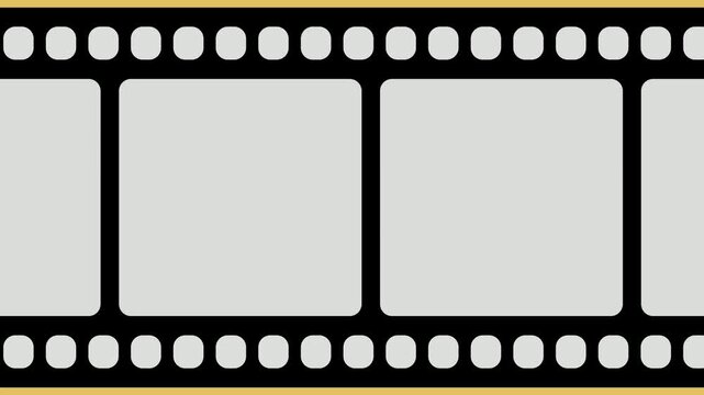 A close up of a film strip with black borders and rectangular frames on a yellow background border frame