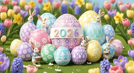 Happy easter eggs and bunnies festive holiday spring celebration collection with flowers