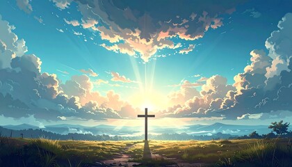 Cross Silhouette at Sunrise Peaceful Landscape.