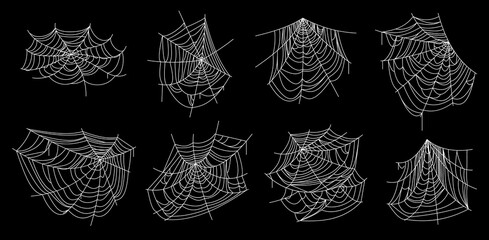 Vector illustration of multiple spider webs on a dark background, perfect for Halloween designs, spooky themes, gothic decorations, party posters, and abstract textures.