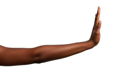 Isolated dark-skinned hand stopping or showing sign of rejection with straight arm gesture