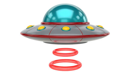 Isolated UFO spacecraft with propulsion rings, flying saucer, 3d rendering cartoon object