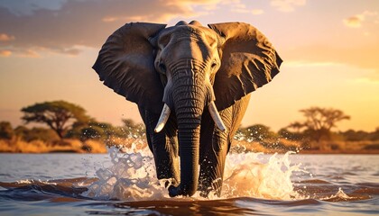 Fototapeta premium Majestic Elephant Walking Through Water at Sunset in African Savanna.