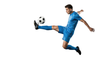 Athletic soccer player performing a powerful kick on a backdrop isolated on transparent background