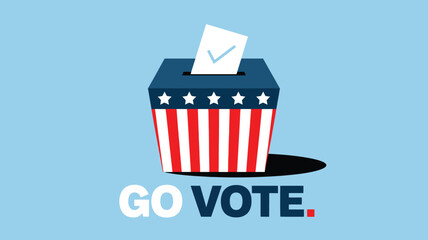 Go Vote illustration with ballot box styled in American flag colors and checkmark ballot, promoting civic engagement and democratic participation