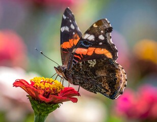 Butterfly on Zinnia Flower Close Up.