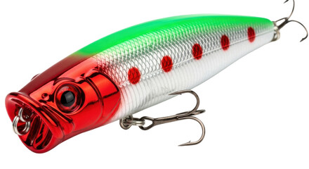 Isolated fishing lure with red and green colors, treble hooks and realistic detail, fishing tackle