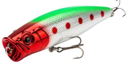Isolated fishing lure with red and green colors, treble hooks and realistic detail, fishing tackle