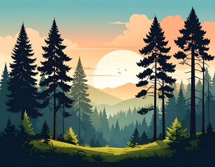 Forest scene with tall evergreen trees and a setting sun over the mountains