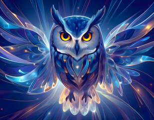 Night winter owl. Digital owl with luminous wings, cosmic patterns, and starry background, symbolizing wisdom, magic, and fantasy. Ideal for mystical and winter art projects.