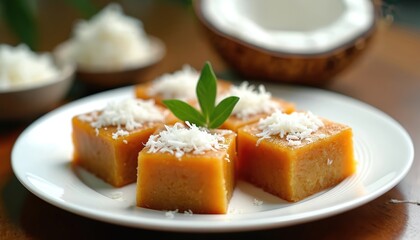 Getuk, traditional Indonesian cassava cake, covered with fresh grated coconut on white plate. Delicious sweet dessert snack. Half coconut, bowls of coconut flakes are in background. Asian food dish.