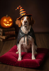 Dog in witch costume with pumpkin background