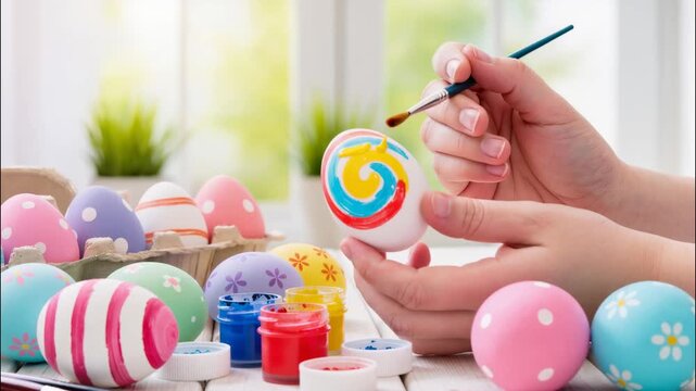 Hands carefully decorating Easter eggs with bright colorful paint patterns