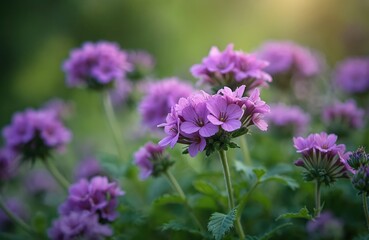 Obraz premium Close-up of purple flowers with green leaves in garden. Soft light falls on blooms. Gentle focus shifts across petals. Natural outdoor plant.