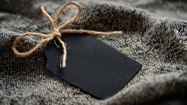 A blank black tag tied with a simple twine bow resting on a textured gray fabric background