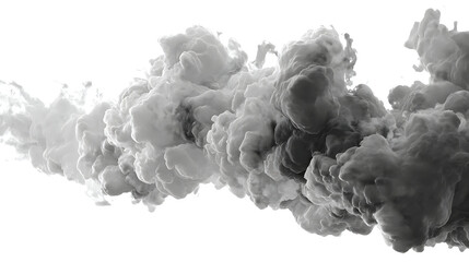 Abstract cloud of thick gray smoke billowing across a white background