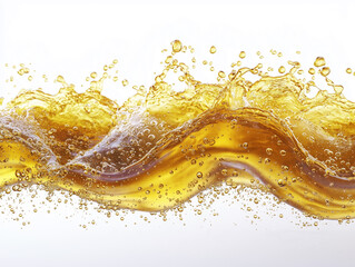 El líquido dorado se despliega en movimiento: energía fluida, textura brillante y gesto suspendido.Salpicadura de líquido dorado con burbujas, fondo blanco, textura transparente, forma ondulada y luz 