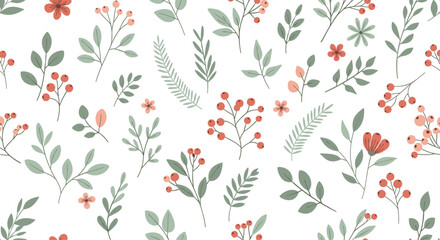 A charming and delicate floral pattern with soft green leaves and small coral-colored berries.