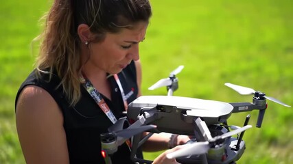 Woman preparing drone for flight outdoors in a grassy area. - Powered by Adobe
