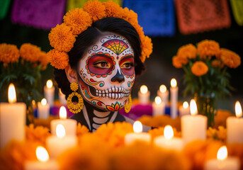 Day of the Dead Portrait with Sugar Skull Makeup and Marigolds