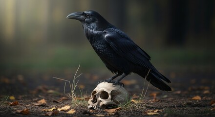 Obraz premium Raven on Skull Still Life - A raven sits atop a skull, a stark representation of mortality, mystery, wisdom, afterlife, and symbolism.