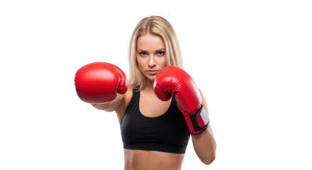 Confident blonde woman boxing with red gloves isolated on transparent background