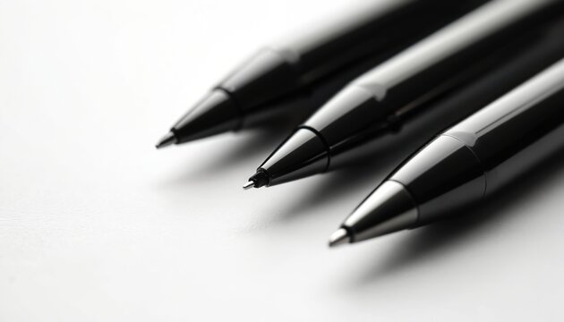 Four black pens are neatly arranged on a white surface. These writing tools are perfect for school, office, study, art, or business. People use them to sign, write, draw, note.