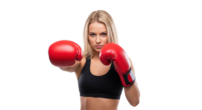 Confident blonde woman boxing with red gloves isolated on transparent background