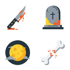 A set of four spooky Halloween icons featuring a bloody knife, a tombstone, a full moon, and a broken bone. © Tabungan Piknik
