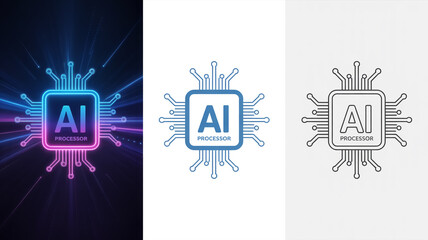 A digital illustration of an AI processor icon shown in three variations side by side.